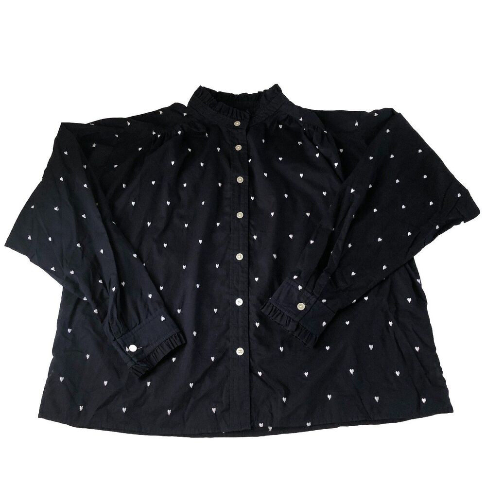 Loft Women’s Navy Blue White Embroidered Heart Ruffle Neck Blouse 554200 Medium